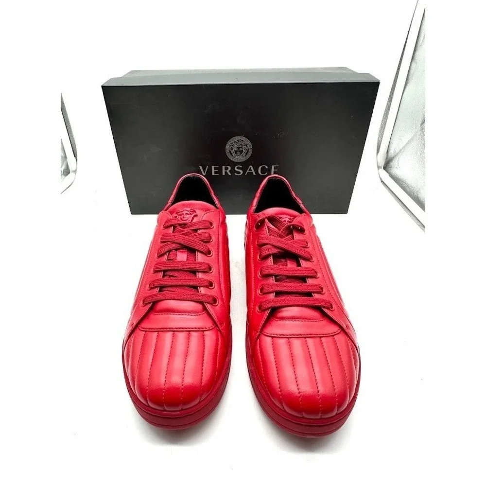 Versace Mens‎ Red Quilted Leather Medusa Greca Low Top Sneakers Shoes